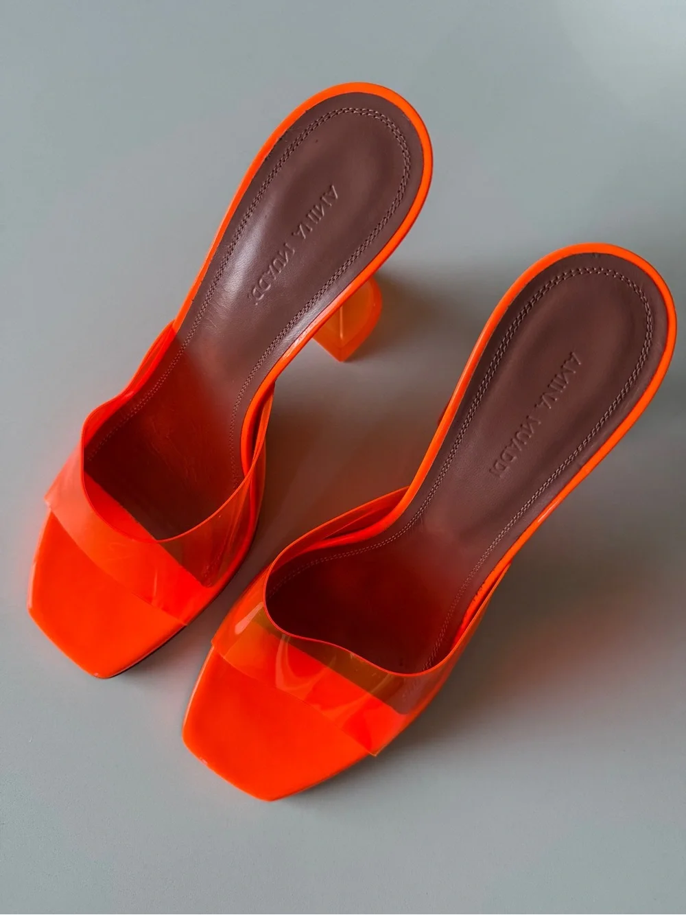 Amina Muaddi Orange Clear Strap Slide Heels